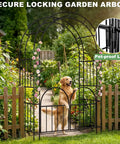 7ft Metal Garden Arbor With Gate Two In One Trellis For Climbing Plants, featuring a pet-proof latch and black metal design