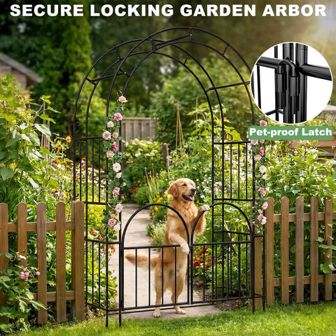7ft Metal Garden Arbor With Gate Two In One Trellis For Climbing Plants, featuring a pet-proof latch and black metal design