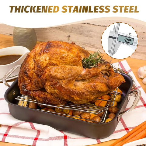Roasted chicken on Adjustable Chicken Roasting Rack With Nonstick Coating, Stainless Steel Folding V Shape Stand in oven-ready pan