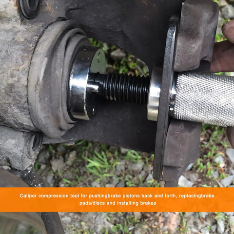 Brake Piston Wind Back Tool Set 5 Pcs for Rear Disc Brakes in use retracting caliper piston with knurled handle visible