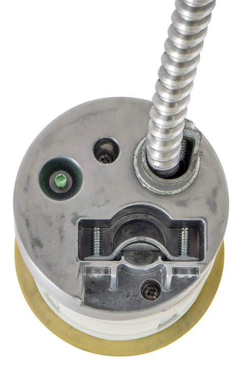 Bottom view of Tamper Resistant Pop Up Countertop Receptacle With Two Receptacles, Surface Or Flush Mount, 15 Amp 125 Volt, showing cable entry