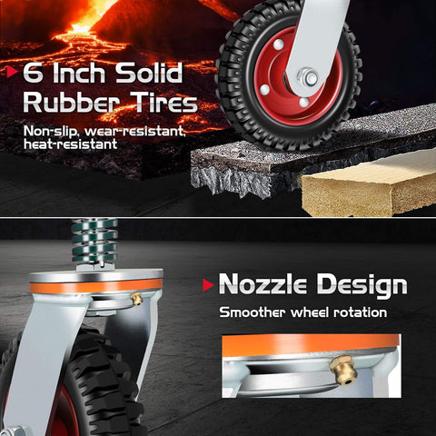 Close-up of 6 inch heavy duty fence gate wheel with rubber tire and nozzle design, featuring 500lb capacity for metal tube gates.