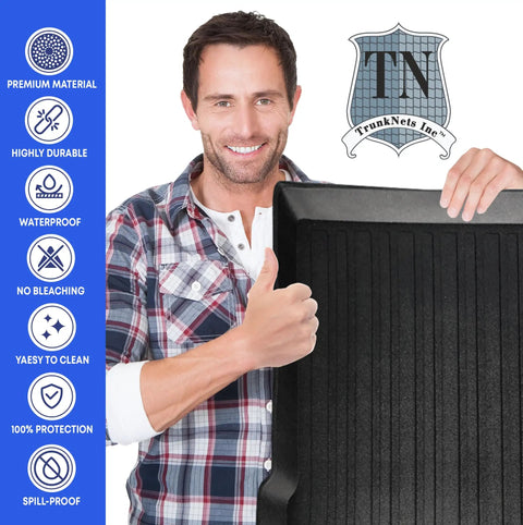 Man holding Porsche Macan Cargo Liner All Season Trunk Mat with Custom Fit Laser Measured Protection from Heat and Scratches TPE