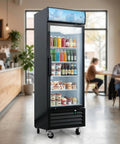 Straight Up Commercial Grade Upright Display Freezer With 16 Cu Ft Glass Door Merchandiser Rig For Stores And Cafes featuring food and drinks.