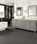 Kickstart Your Reno With This Legit 84 Inch Gray Double Sink Bathroom Vanity Featuring A Genuine White Carrara Top And Solid Wood Construction Plus Premium Brushed Nickel Hardware in modern bathroom setting.