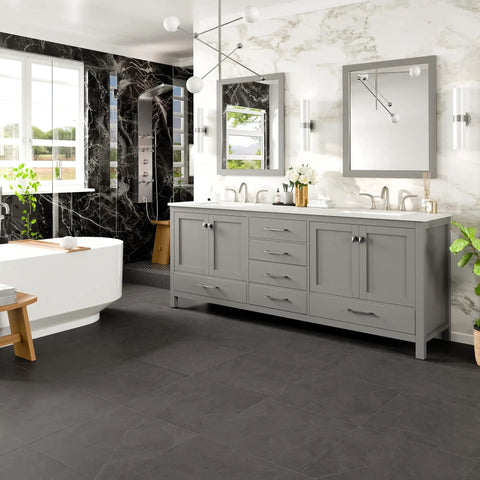 Kickstart Your Reno With This Legit 84 Inch Gray Double Sink Bathroom Vanity Featuring A Genuine White Carrara Top And Solid Wood Construction Plus Premium Brushed Nickel Hardware in modern bathroom setting.