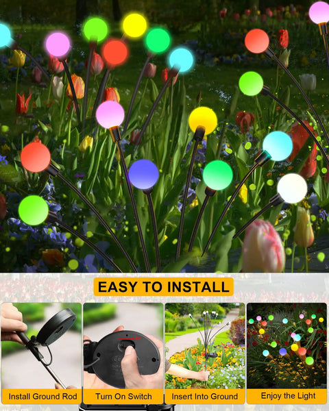 8 Pack Multicolor Solar Firefly Lights With 64 LEDs illuminating a garden path, flexible branches swaying in the wind, easy to install.