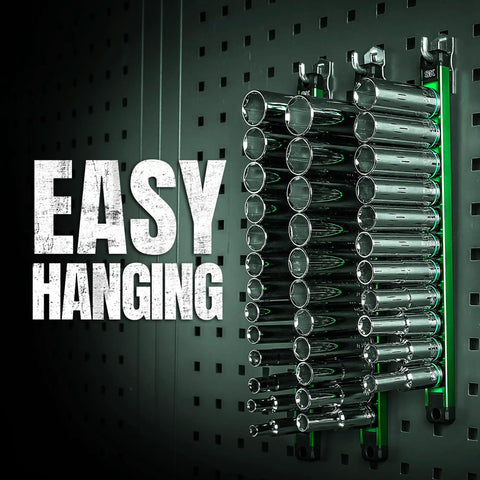 3/8 Inch Drive Deep Socket Set, SAE 13-Piece 1/4 To 1 Inch, SuperKrome Finish, mounted on a wall with aluminum socket organizer