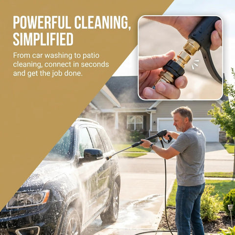 Man using Easy Snap Garden Hose Quick Connectors Three Quarter Inch Fittings Set Of 2 to wash car in driveway