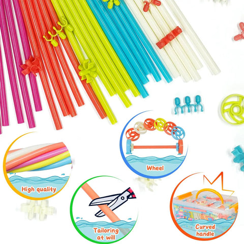 Straw Constructor STEM Building Toy Kit With 600 Pcs Interlocking Gear Blocks, Colorful Macaron Connectors, and Wheels