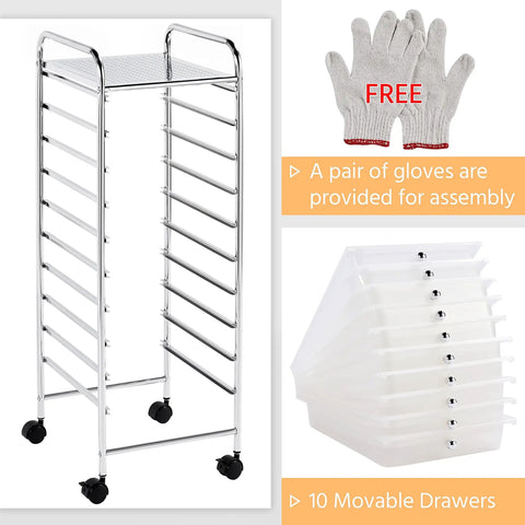 10 Drawer Rolling Storage Cart With Lockable 360 Degree Wheels, chrome frame, removable drawers, and gloves for assembly