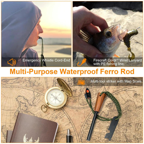 Survival Prepper Grade Fire Starter Kit with handmade wooden handle ferro rod and paracord lanyard near map and compass