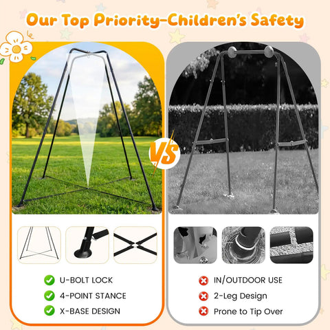 Comparison of Swing Stand Frame With Sensory Swing And Pod Swing For Kids showing 4-point X-frame design versus simple frame.