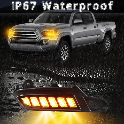 Toyota Tacoma LED Front Side Marker Light Kit 2016-2023 with dynamic sequential turn signals, IP67 waterproof.