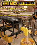 Table Saw Dust Collector Adapter For DWE7485 With Dual Integrated Hooks set up for efficient sawdust collection in a garage workshop.