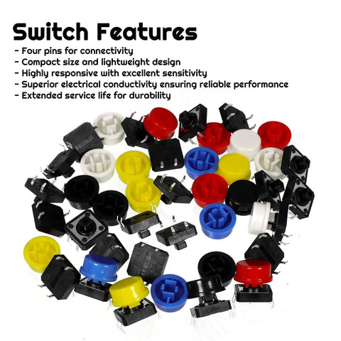 Dope 70 Piece 12x12x7.3mm Tactile Button Switch Kit With 4 Pin PCB Micro Switches And Caps, Arduino Compatible, 5 Color Cap Set
