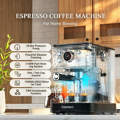 Next Level 20 Bar Espresso Machine With Silky Milk Frother And Heavy Duty Steam Wand 1100 Watt Compact Coffee Brewer with clear water tank.
