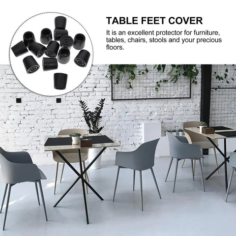 Slip On Chair Leg Protectors 20 Pack for Hardwood Floors displayed with black chairs and white brick wall background.