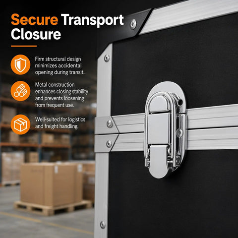 Heavy Duty Duckbill Hasp Latch Set 5 Pack With Screws For Cargo Safety And Metal Storage Security Rigged Tight Fit To Lock Gear During Long Hauls on black case