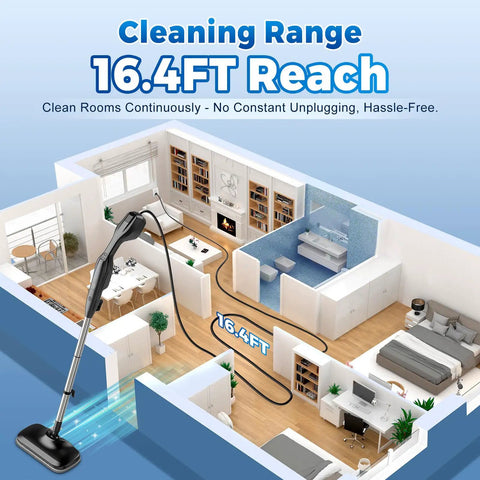 No Fuss Heavy Duty Steam Mop With Seventeen Attachments And Adjustable Two Sixty Degree Flow cleaning a spacious room with 16.4ft reach.