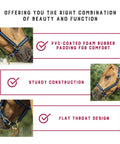 Nylon Horse Halter With Padded Comfort And Fully Adjustable Fit in use on horse highlighting soft PVC padding and brass plated hardware.