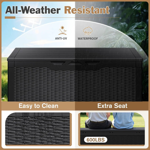 100 Gallon Waterproof Resin Deck Box With Lockable Lid For Patio Cushions And Garden Tools, large black outdoor storage chest