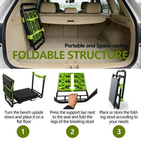 Heavy Duty Garden Kneeler And Seat 2-In-1 Foldable Bench With 11 Inch Detachable Kneeling Pad in a car trunk