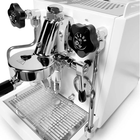 Next Level Home Bar Essentials Italian Handcrafted Espresso Machine With Heat Exchanger And E61 Manual Controls Badass Stainless Steel Chassis close-up view of control knobs and portafilter.
