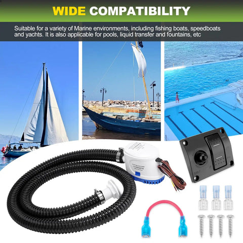 Beefed Up 1100 GPH 12V Automatic Boat Bilge Pump With Three Way Switch Panel plumbing kit for marine use displayed