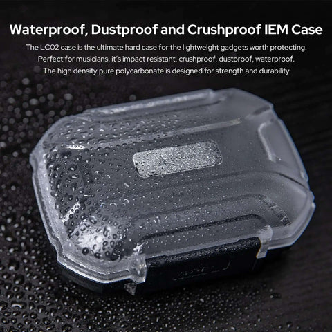 Slick Waterproof Iem Case And Portable Earbud Hard Shell Road Ready Box For In Ear Monitors Plus Cable Organizer showing water-resistant hard shell case with droplets.