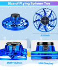 Dope LED Spinner Kids Drone Toy With 2026 Upgrade showing size, USB charging, and on/off button details in blue color.