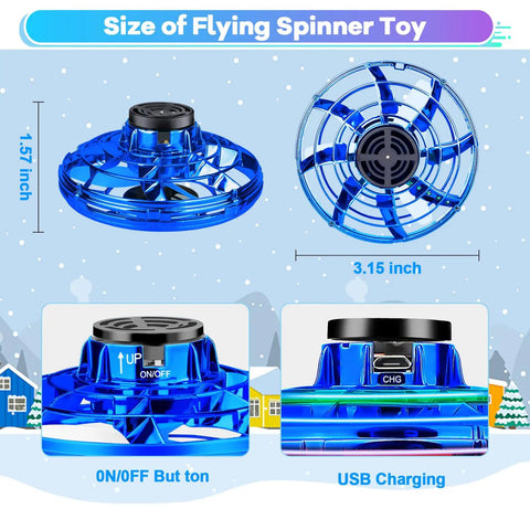 Dope LED Spinner Kids Drone Toy With 2026 Upgrade showing size, USB charging, and on/off button details in blue color.