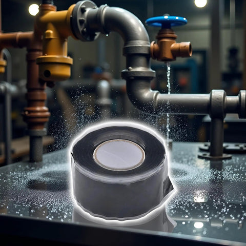 Self Fusing Silicone Repair Tape For Pipes And Hoses Waterproof Leak Seal Tape on wet industrial surface with pipes in background