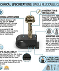 Illustration of single flex Coaxial And Cat6 Cable Clips With 1 Quarter Inch Screws Black 100 Pack, featuring technical details.