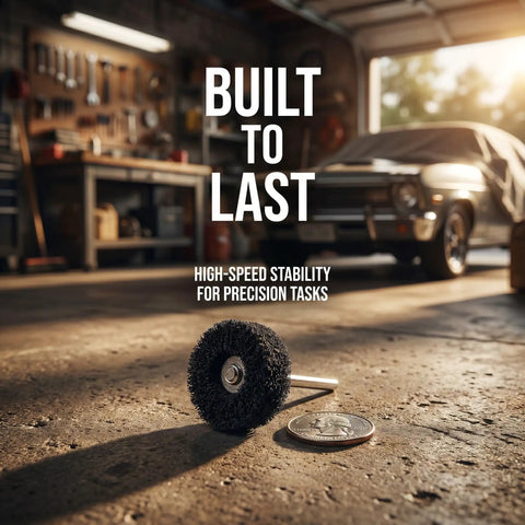 Close-up of rotary tool buffing wheel and coin on garage floor, "Built to Last" text in the background; Bulk 100 Pack Rotary Tool Buffing Wheels Polishing Kit For Metal Removal And Deburring Grit Polishing Wheels For Precision Surface Conditioning Universal Fit For Pros And DIYers.