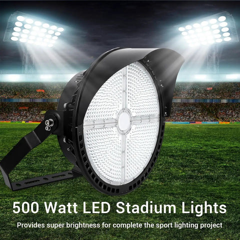 Heavy Duty LED Stadium Lights 500W Built Tough Sports Field Flood Lamps with bright LED panel and adjustable bracket.