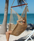 Ultra Comfy 48 Inch Polyester Hammock Chair With Built In Footrest, Spacious Ergonomic Swing Seat, Weather Resistant Outdoor Hanging Chair In Tan