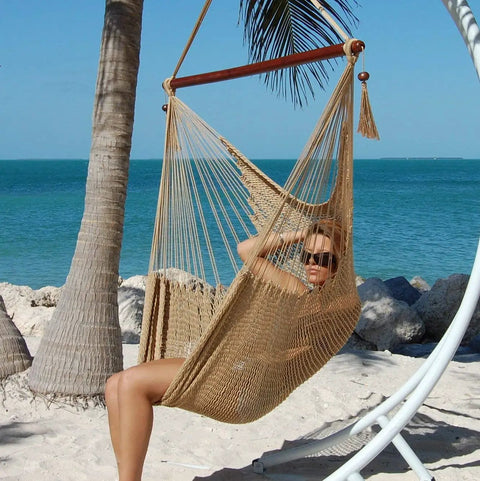 Ultra Comfy 48 Inch Polyester Hammock Chair With Built In Footrest, Spacious Ergonomic Swing Seat, Weather Resistant Outdoor Hanging Chair In Tan