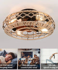 Woven Flush Mount Caged Ceiling Fan With Lights Remote Control 20 Inch Hemp Rope Rattan Enclosed Ceiling Fan Light