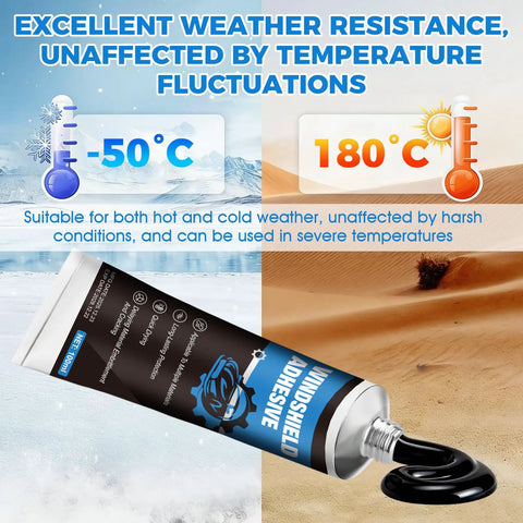 Polyurethane Windshield Adhesive and Primer Kit for Quick Curing Weather Resistant Bonding on Vertical and Overhead Auto Glass showing temperature resistance from -50°C to 180°C with product tube.