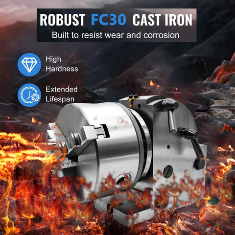 Hardcore Six Inch Three Jaw Chuck Rotary Indexer Platform For CNC Milling Machines Featuring Vertical Horizontal Mounting And Knockout Dead Center Accuracy FC30 Cast Iron Body with fiery background.