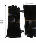 Extreme Heat Resistant Leather Work Gloves With Kevlar Stitching For Fireplace Stove Oven Grill Welding BBQ Mig Grill Boss Pot Holder And Animal Handling Durable Puncture And Cut Resistant Mitts, black 14-inch gloves with yellow stitching, side and top view