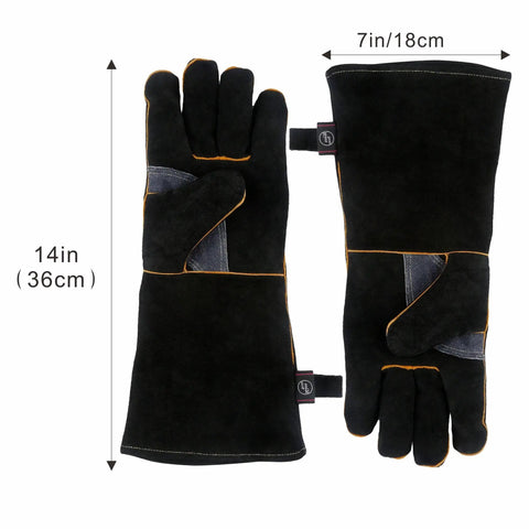 Extreme Heat Resistant Leather Work Gloves With Kevlar Stitching For Fireplace Stove Oven Grill Welding BBQ Mig Grill Boss Pot Holder And Animal Handling Durable Puncture And Cut Resistant Mitts, black 14-inch gloves with yellow stitching, side and top view