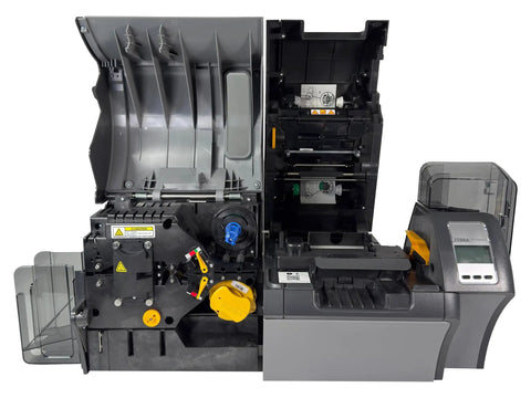 Solid Workhorse Dual-Sided ID Card Printer With Built-In Laminator And USB LAN Connectivity For Crisp CR-80 Results At 300 DPI showing open grey dual-sided printer design.