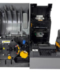 Dead Simple Dual Sided ID Card Printer With Fast Load Laminate Deck Using Dye Diffusion Retransfer Printing At Three Hundred DPI Over Rock Solid USB LAN Ports In Slick Grey Chassis For CR 80 Plastic Cards, with open covers showing internal components.