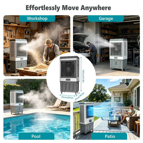 Killer 5886 CFM Evaporative Air Cooler With 26 Gallon Tank And 120 Degree Oscillating Vents in workshop, garage, pool, patio.