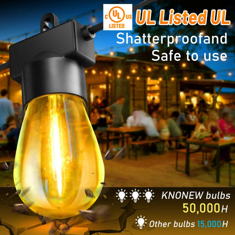 Close-up of 131 Ft LED Outdoor String Lights With Shatterproof S14 Bulbs Dimmable And Waterproof Commercial Grade Connectable