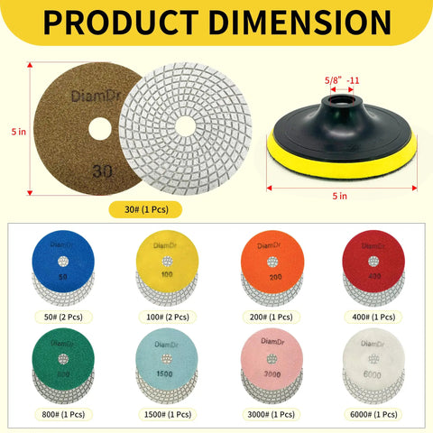 5 Inch Diamond Polishing Pads Kit With 5/8-11 Backer Pad showing 12 pcs grit range 30 to 6000 for granite, marble, and quartz stone countertops