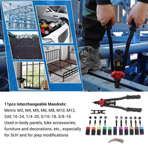 Professional Rivet Nut Tool Kit With 110 Pc Assortment And Carbon Steel Arm, Includes 11 Interchangeable Mandrels For Quick Setup, Heavy Duty Hand Setter For Tough Jobs And Auto Repair Projects Today used on metal frames and panels