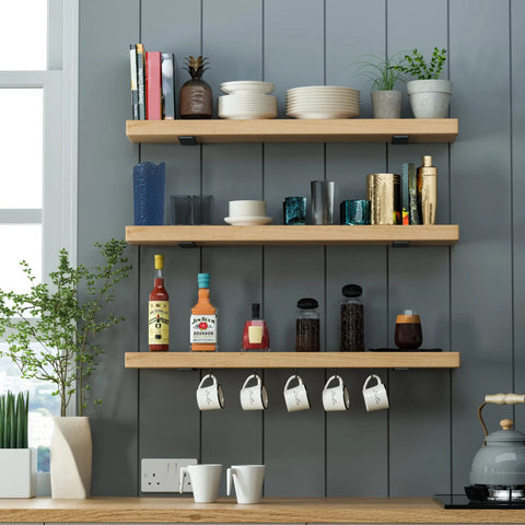 Six Pack 6 Inch Floating Shelf Brackets Built Tough Heavy Duty Hidden L Brackets supporting wooden shelves with kitchenware